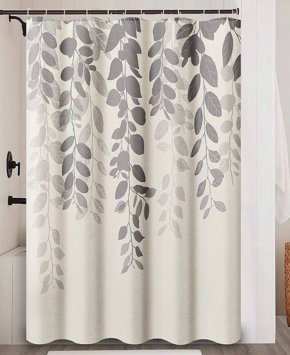 Gray Botanical Leaf Print Shower Curtain 60 x 72 Neutral Ivory